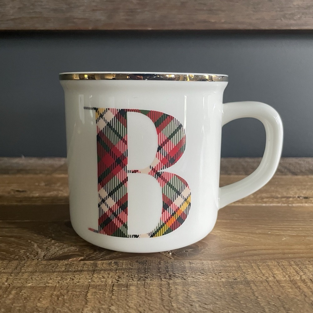 POTTERY BARN Tartan Red Plaid Alphabet Stoneware Mug Letter "B" Initial Monogram